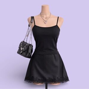 Vintage 80s Lady Lynne Black Satin Lace Slip Skirt Small USA Made Grunge Goth